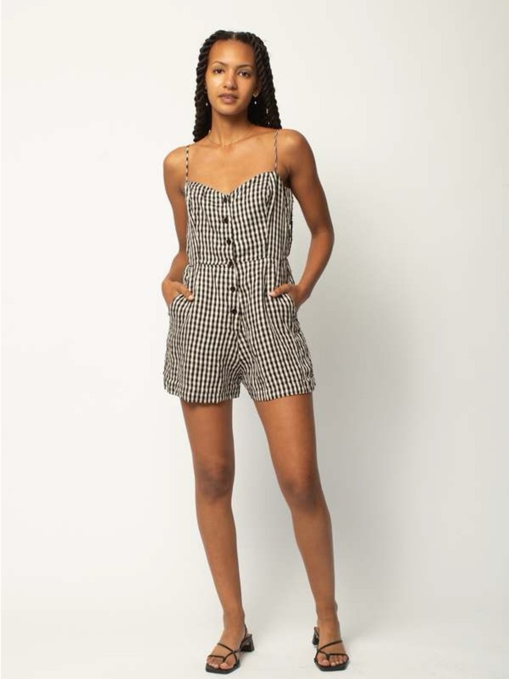 Reformation Black & White Gingham Button-Front Romper